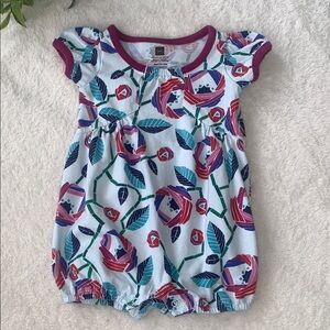 Tea Collection Floral Baby Romper 3-6M Purple Trim EUC